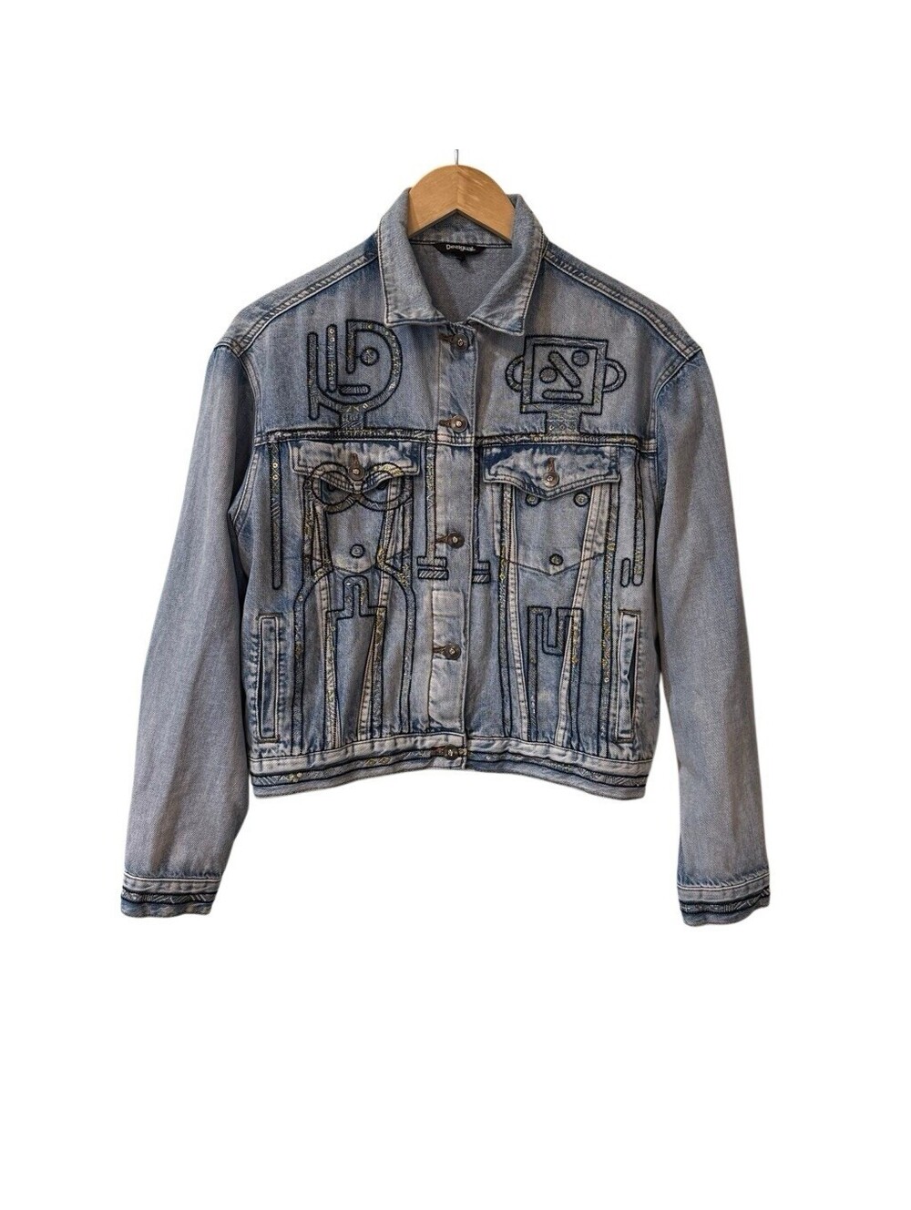 Desigual Embroidered Jean Jacket Womens Small Robots Male Female